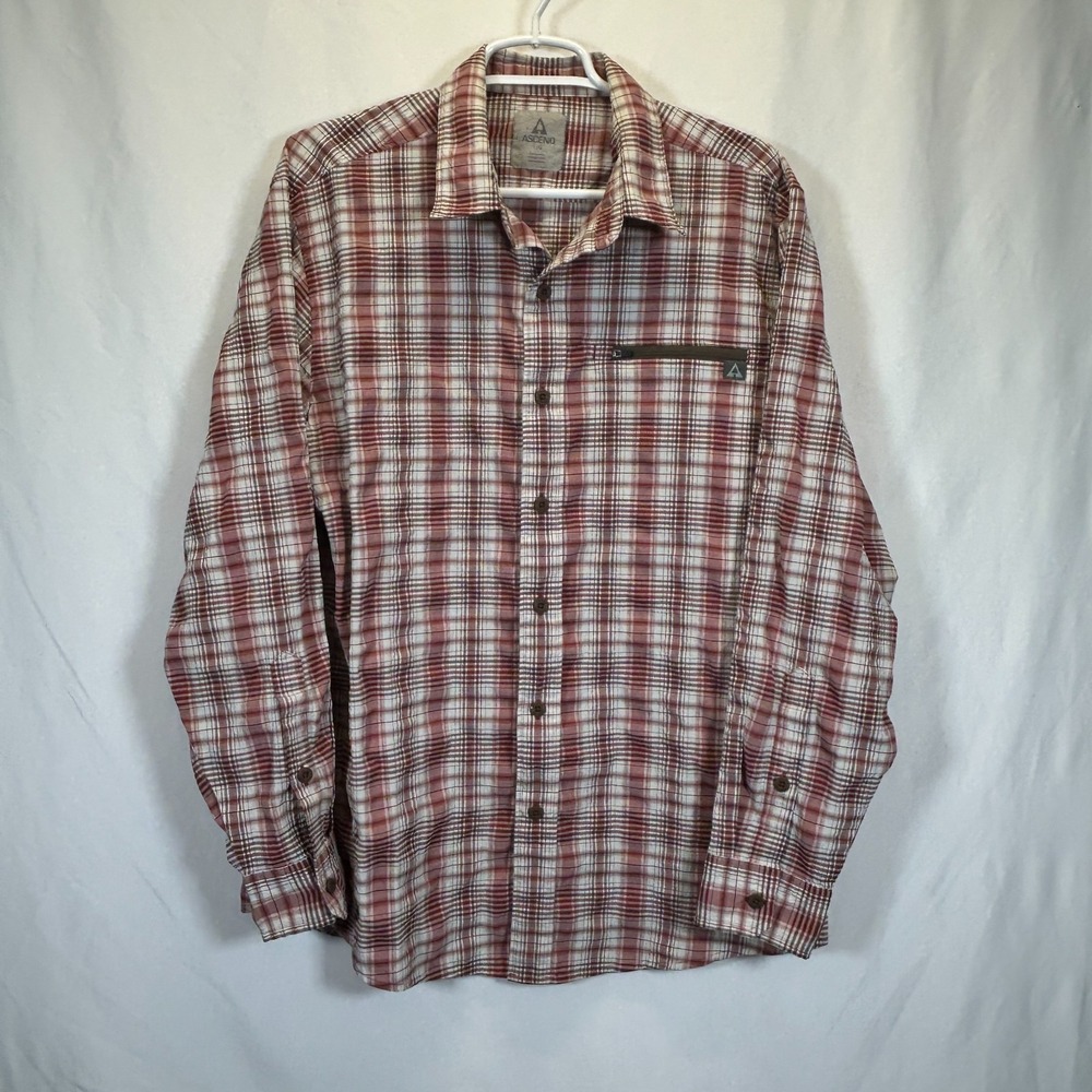 Ascend Mens Large Hiking Shirt Plaid Button Up Outdoor Fishing Zip Polyester - Picture 2 of 10